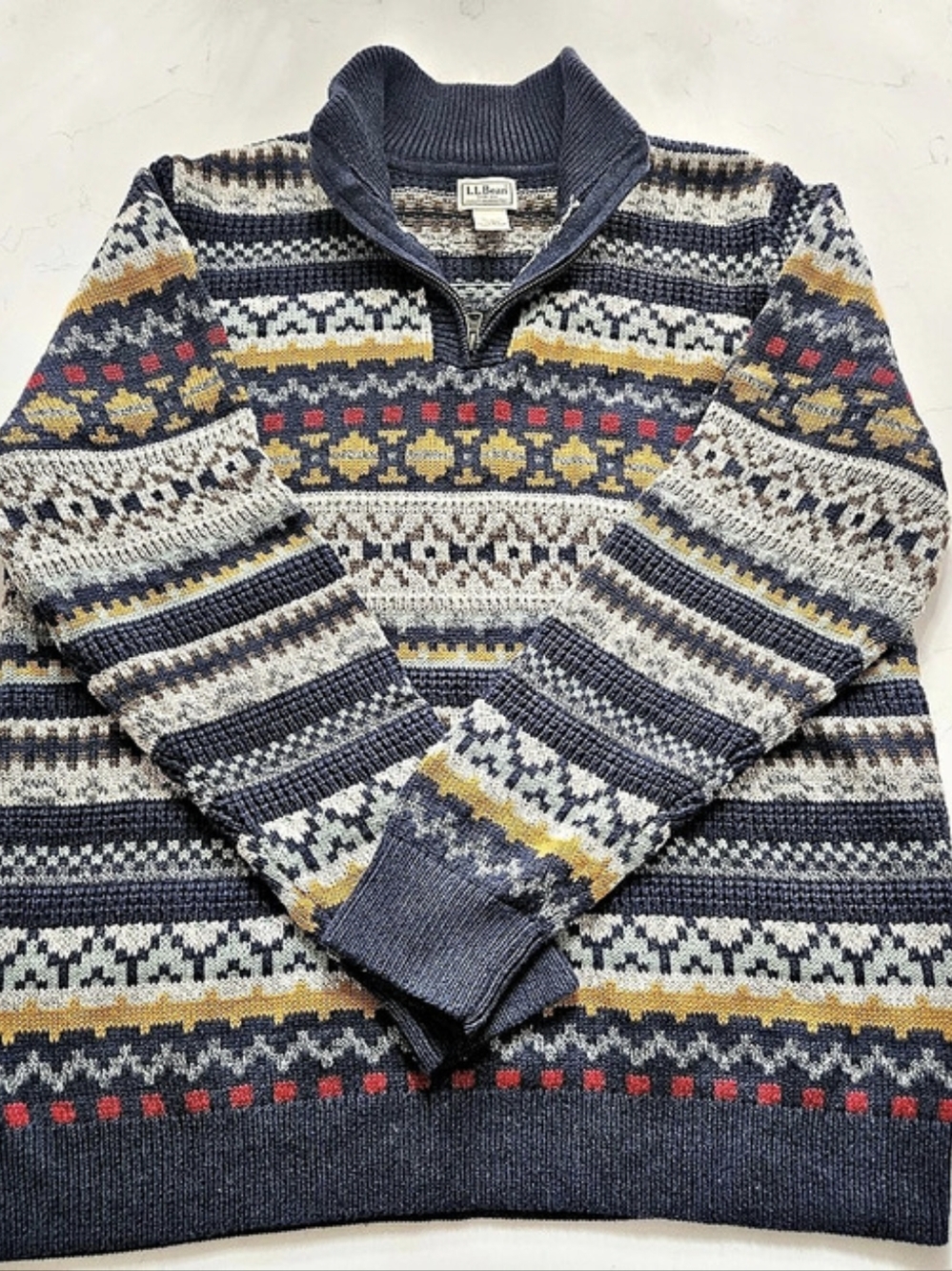 L.L.Bean Men's Organic Cotton Waffle Sweater, Quarter Zip, Stripe XL